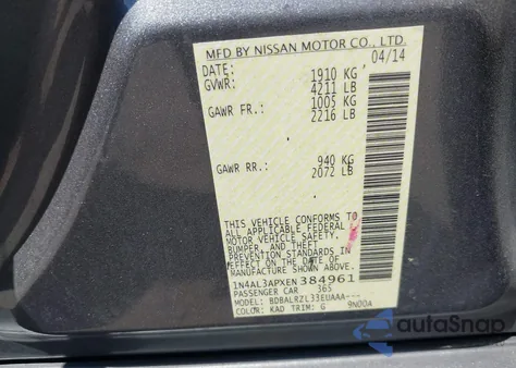 2014 Nissan Altima 2.5 S z USA, uszkodzony, nr VIN 1N4AL3APXEN384961